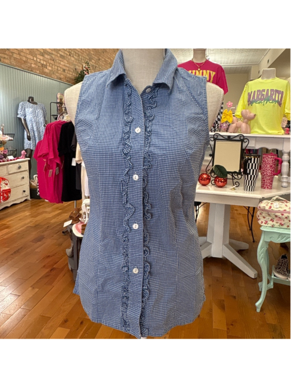 VTG Telluride Clothing Co. Blue White Gingham Ruffle Button Down Shirt S